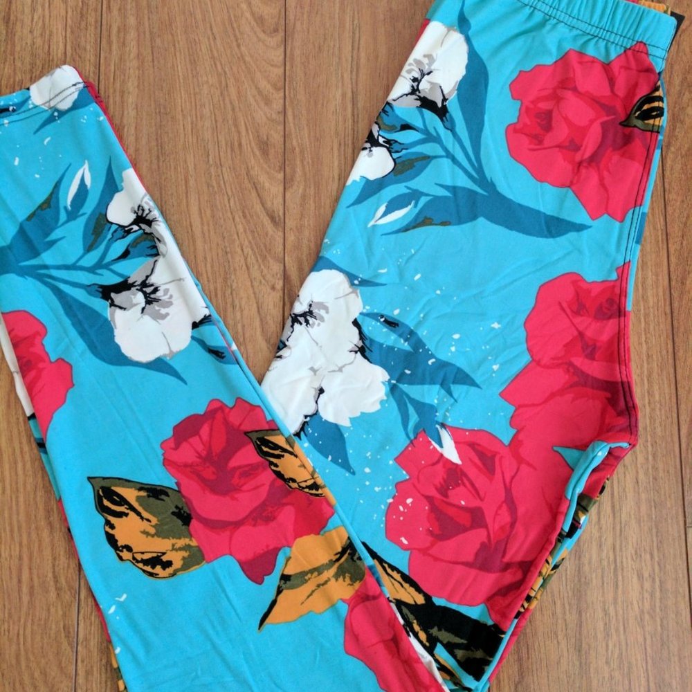 Agnes & Dora Leggings SM Large Baby Suede Aqua Floral Print NWT